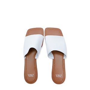New Zara Genuine Leather Square Toe Flat Sandals Shoes Euro 40